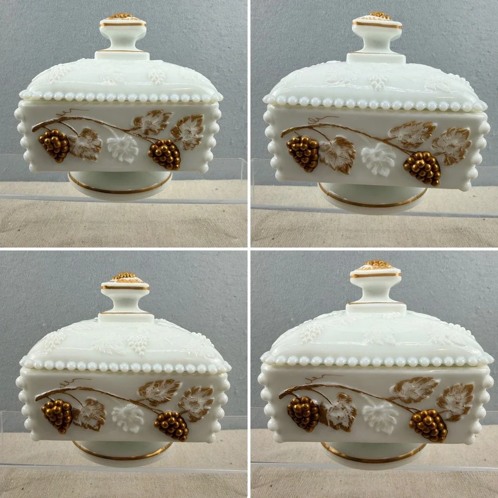 VTG Westmoreland Milk Glass Beaded Grape Square Candy Dish Gold Trim - Picture 2 of 10
